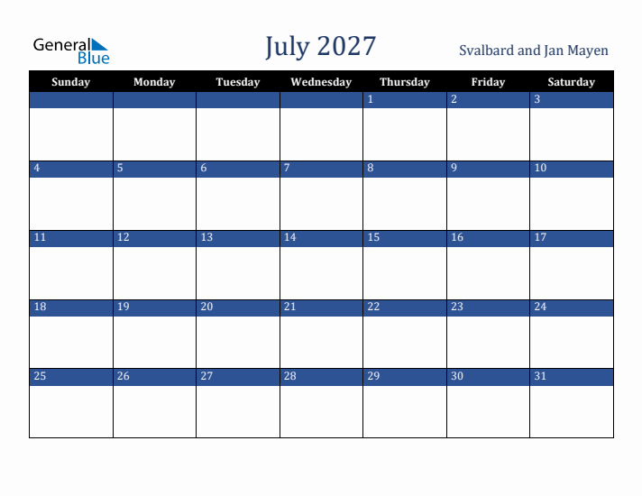 July 2027 Svalbard and Jan Mayen Calendar (Sunday Start)
