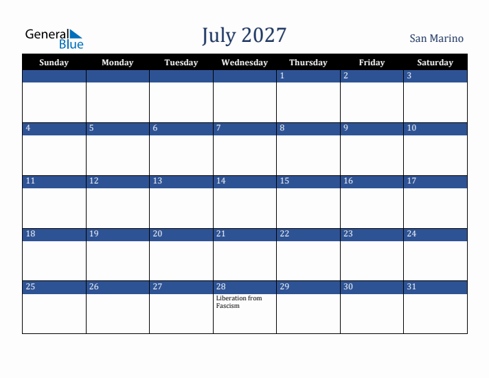 July 2027 San Marino Calendar (Sunday Start)