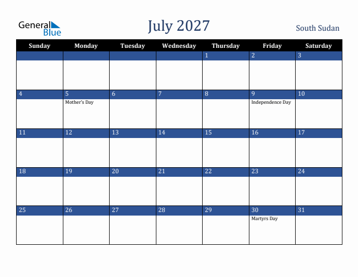 July 2027 South Sudan Calendar (Sunday Start)