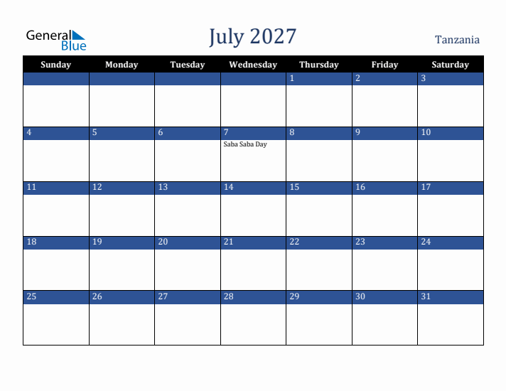 July 2027 Tanzania Calendar (Sunday Start)