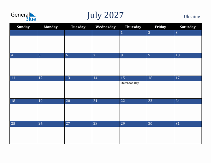 July 2027 Ukraine Calendar (Sunday Start)