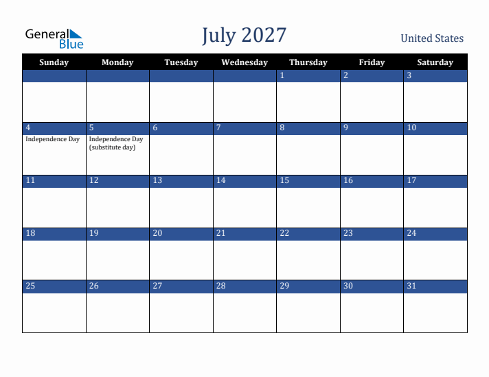 July 2027 United States Calendar (Sunday Start)