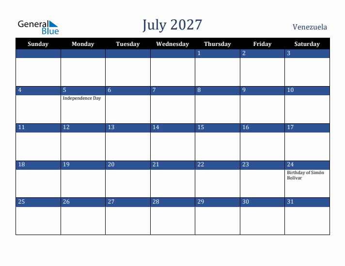 July 2027 Venezuela Calendar (Sunday Start)