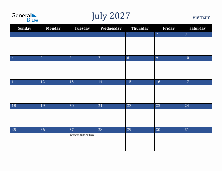 July 2027 Vietnam Calendar (Sunday Start)