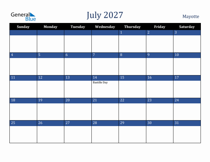 July 2027 Mayotte Calendar (Sunday Start)