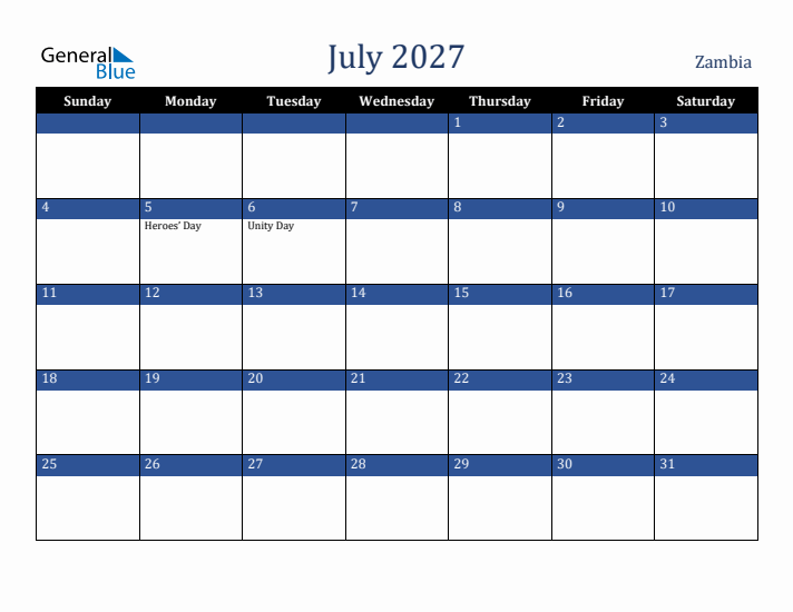 July 2027 Zambia Calendar (Sunday Start)