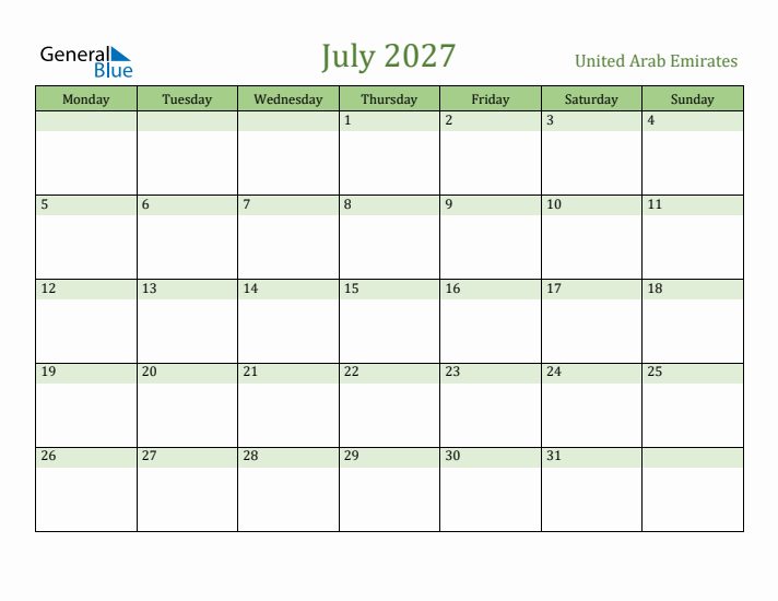July 2027 Calendar with United Arab Emirates Holidays