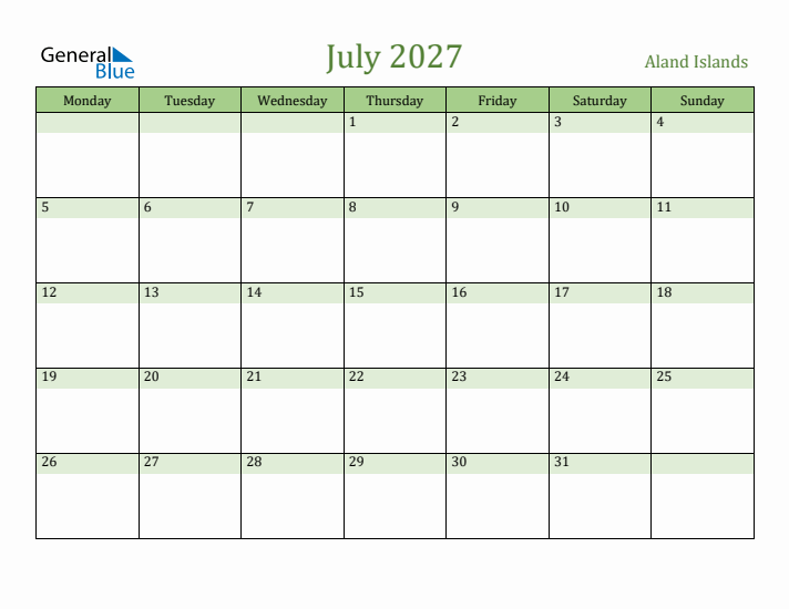 July 2027 Calendar with Aland Islands Holidays