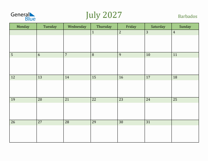 July 2027 Calendar with Barbados Holidays