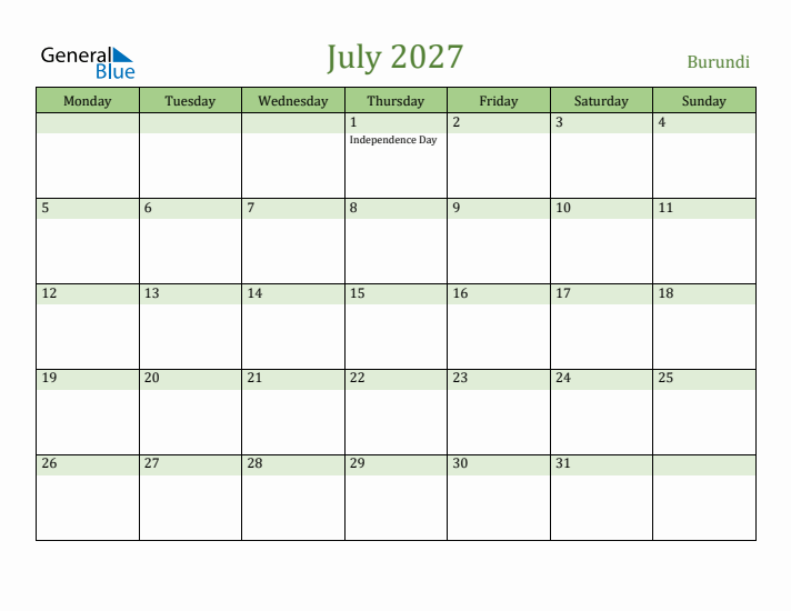 July 2027 Calendar with Burundi Holidays