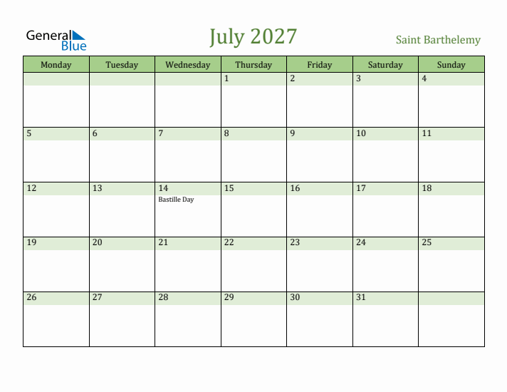 July 2027 Calendar with Saint Barthelemy Holidays