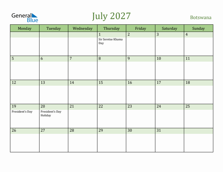 July 2027 Calendar with Botswana Holidays