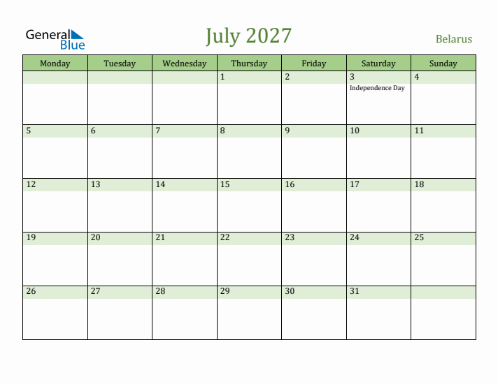 July 2027 Calendar with Belarus Holidays