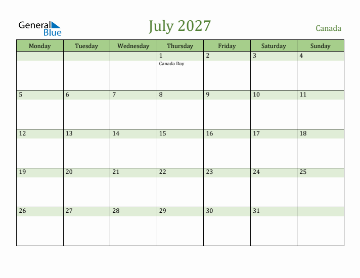 July 2027 Calendar with Canada Holidays