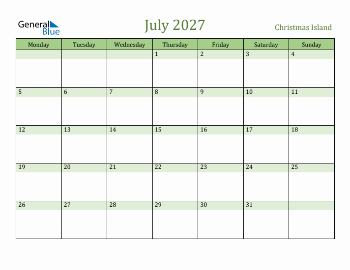 July 2027 Calendar with Christmas Island Holidays
