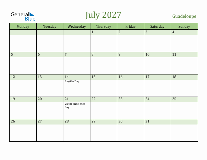 July 2027 Calendar with Guadeloupe Holidays