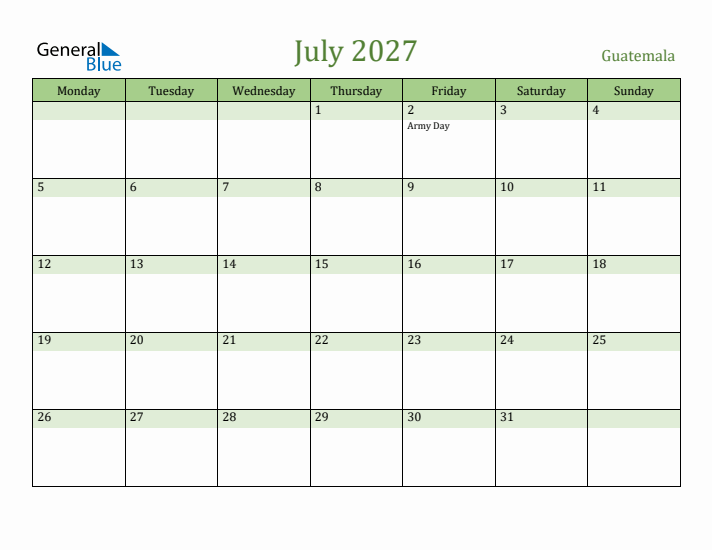 July 2027 Calendar with Guatemala Holidays