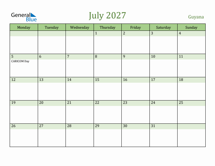 July 2027 Calendar with Guyana Holidays