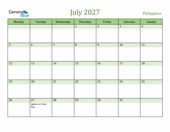July 2027 Calendar with Philippines Holidays