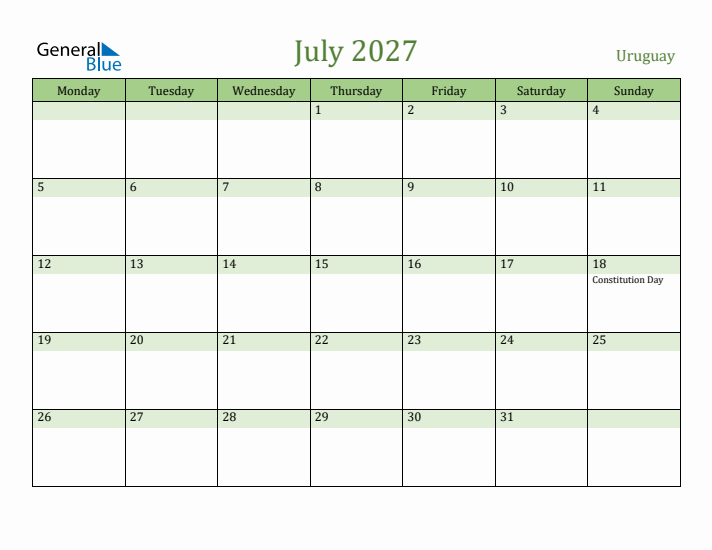 July 2027 Calendar with Uruguay Holidays