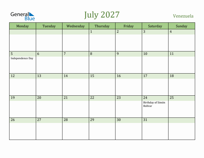 July 2027 Calendar with Venezuela Holidays