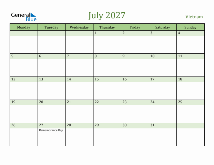 July 2027 Calendar with Vietnam Holidays