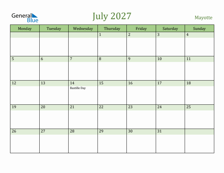 July 2027 Calendar with Mayotte Holidays