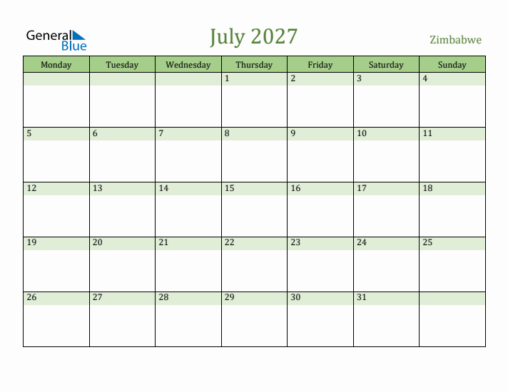July 2027 Calendar with Zimbabwe Holidays