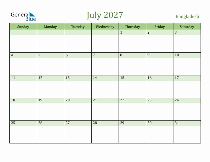 July 2027 Calendar with Bangladesh Holidays