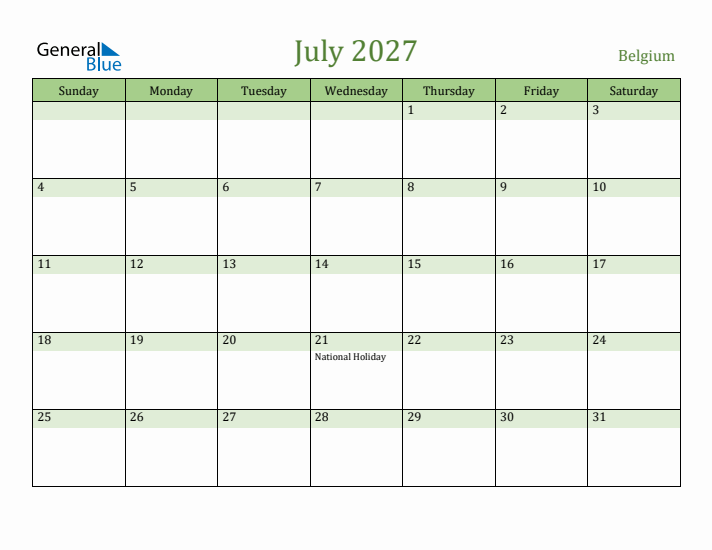 July 2027 Calendar with Belgium Holidays