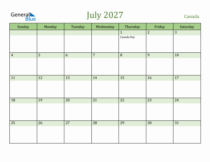 July 2027 Calendar with Canada Holidays
