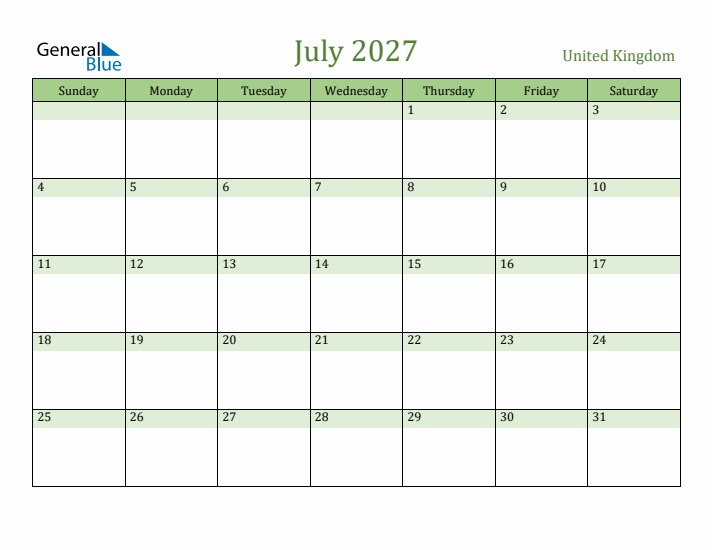 July 2027 Calendar with United Kingdom Holidays