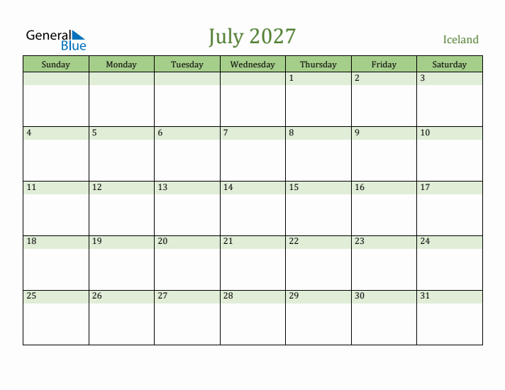 July 2027 Calendar with Iceland Holidays