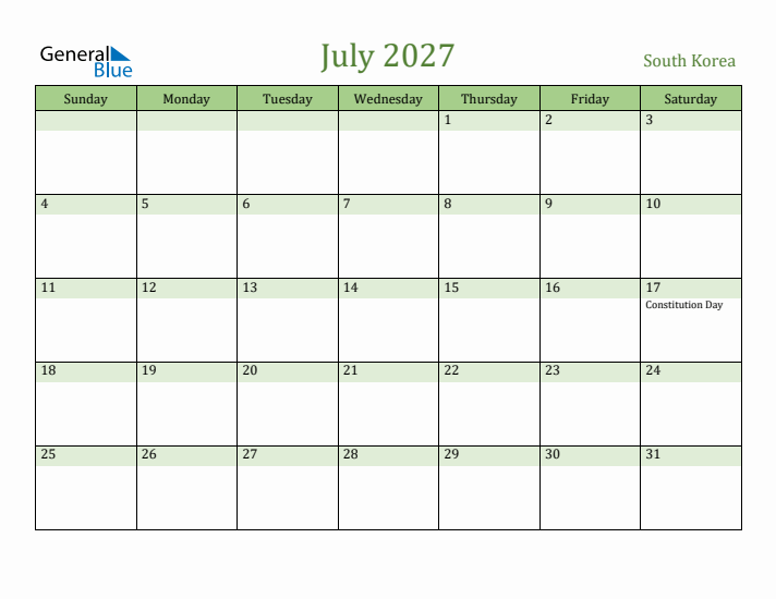 July 2027 Calendar with South Korea Holidays