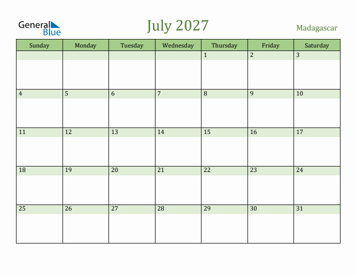 July 2027 Calendar with Madagascar Holidays