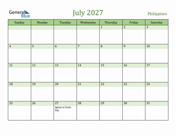 July 2027 Calendar with Philippines Holidays