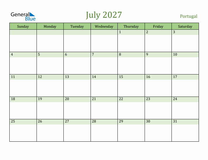 July 2027 Calendar with Portugal Holidays