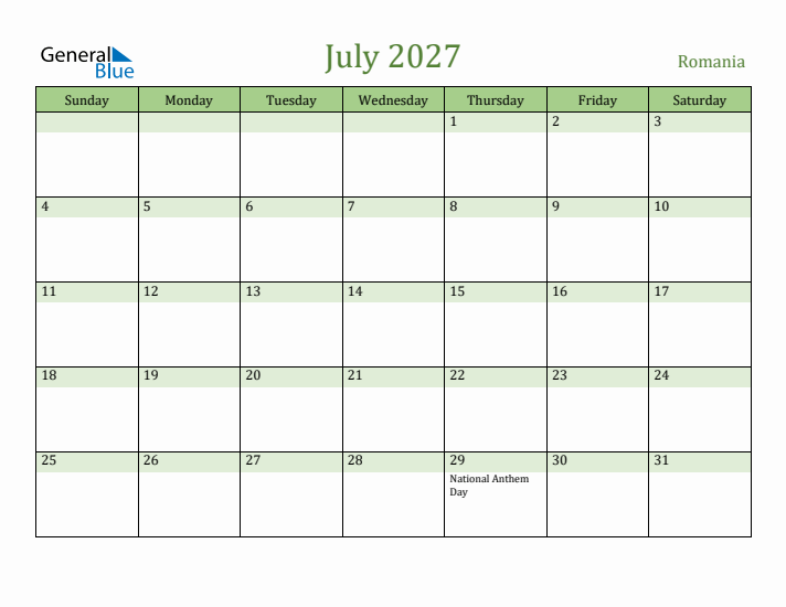 July 2027 Calendar with Romania Holidays