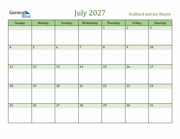 July 2027 Calendar with Svalbard and Jan Mayen Holidays