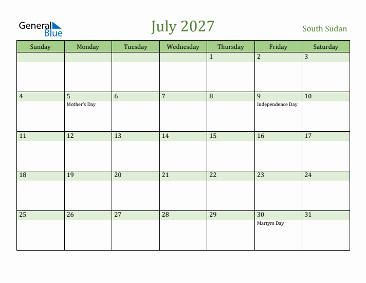 July 2027 Calendar with South Sudan Holidays