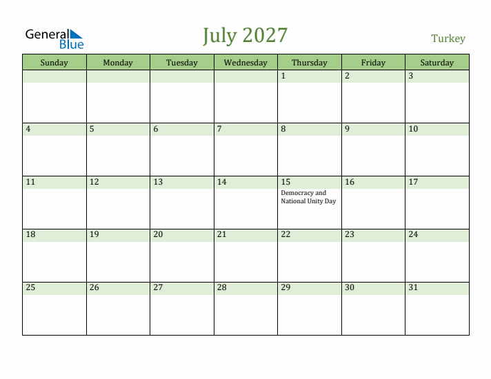 July 2027 Calendar with Turkey Holidays