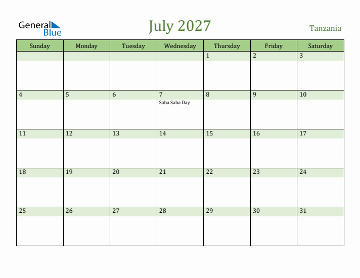 July 2027 Calendar with Tanzania Holidays