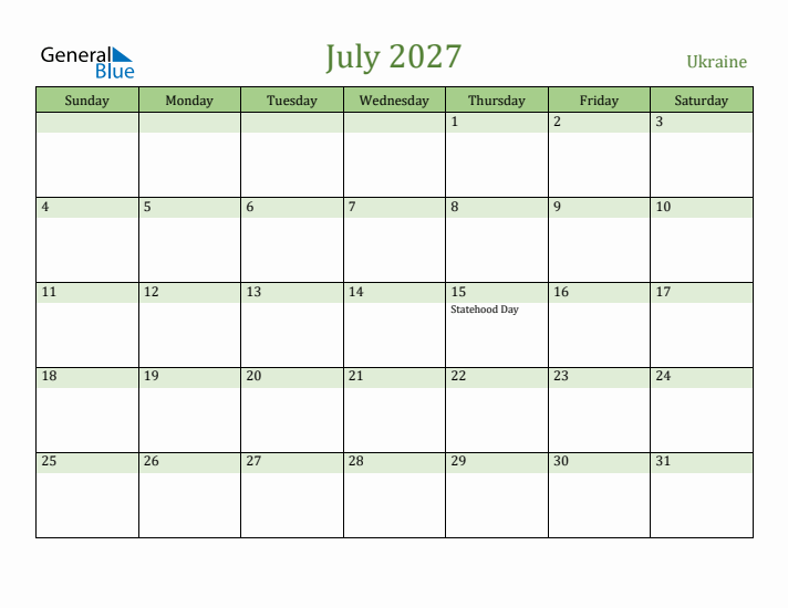 July 2027 Calendar with Ukraine Holidays