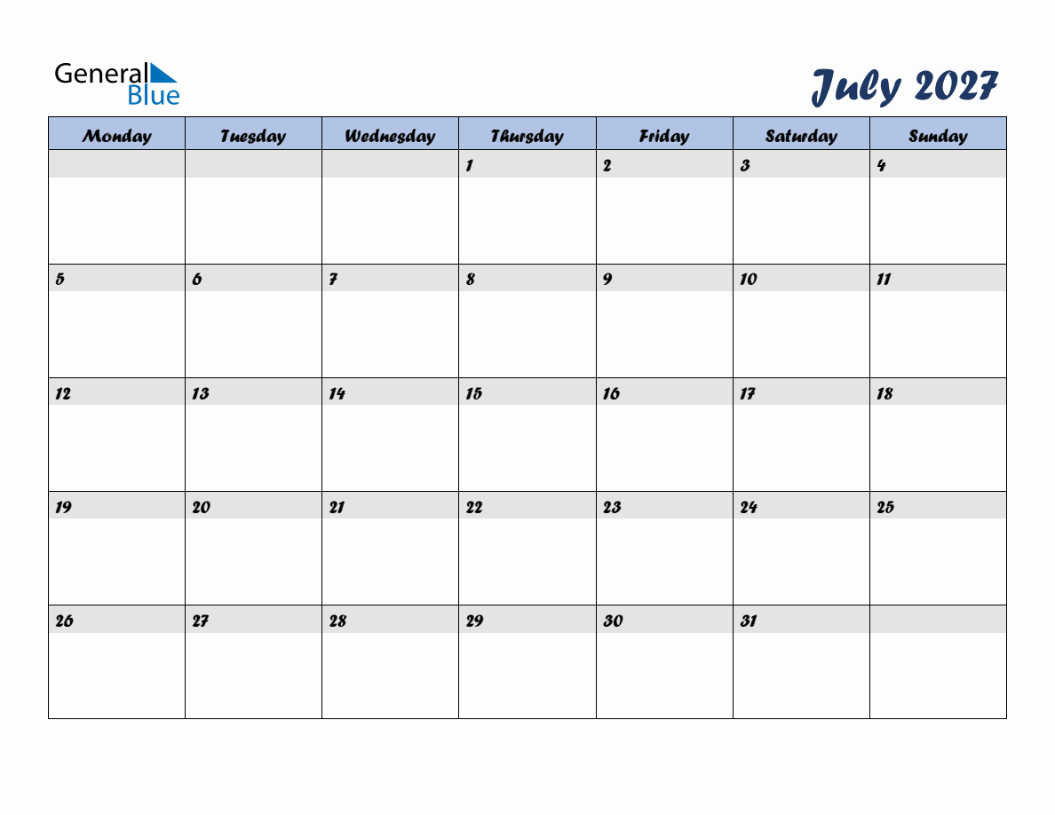 Free July 2027 Monthly Editable Calendar, starting on Monday