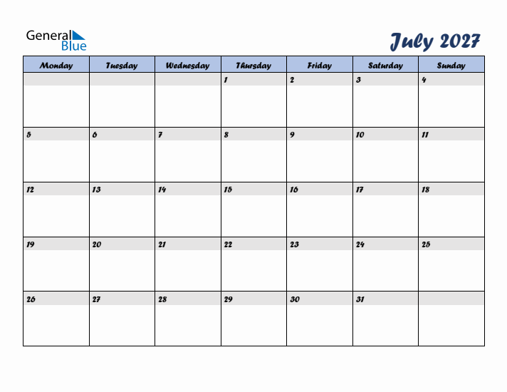 July 2027 Blue Calendar (Monday Start)