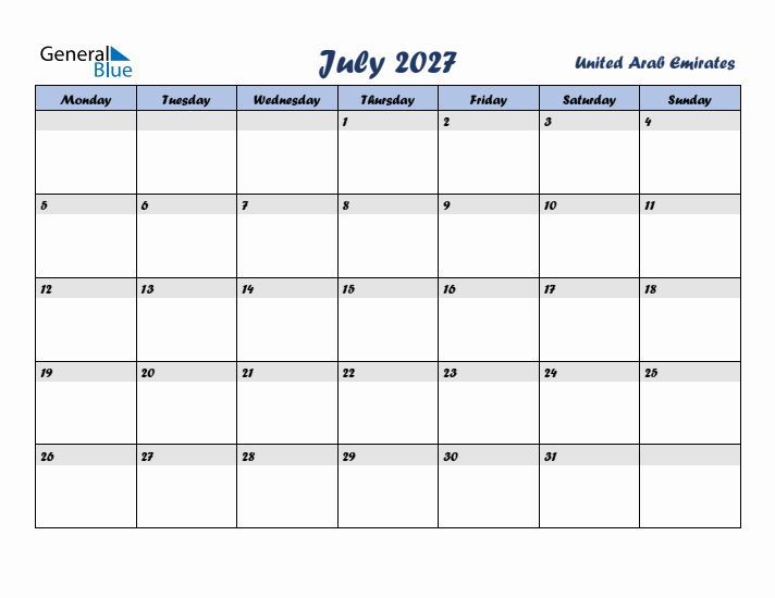 July 2027 Calendar with Holidays in United Arab Emirates