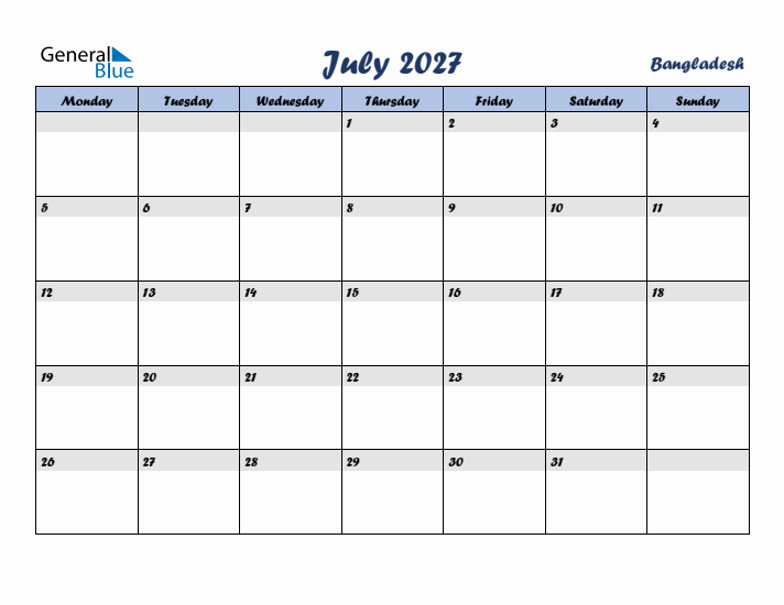 July 2027 Calendar with Holidays in Bangladesh