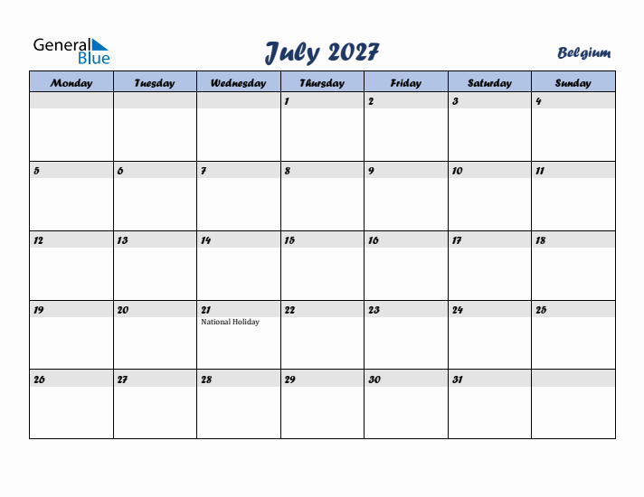 July 2027 Calendar with Holidays in Belgium
