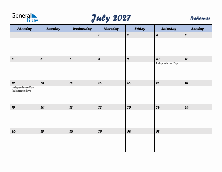 July 2027 Calendar with Holidays in Bahamas