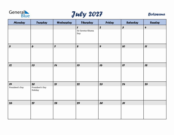 July 2027 Calendar with Holidays in Botswana